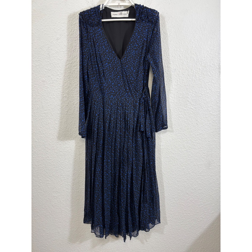 Fame and Partners Black Indigo Blue Polka Dot Pleated Joslyn Midi Dress Womens 6